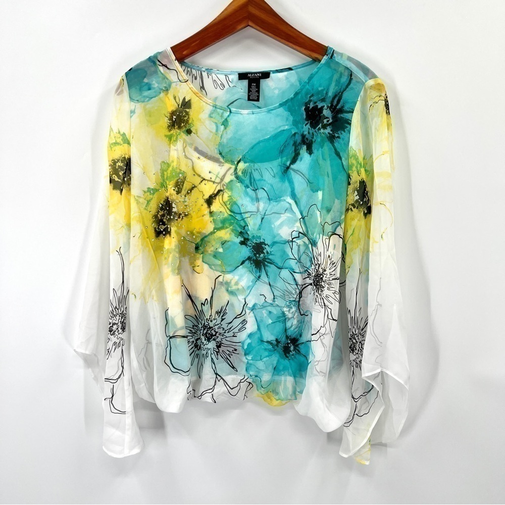 ALFANI PETITE Woman's Layered Tank & Blouse Floral Asymmetrical Sleeve Size PM